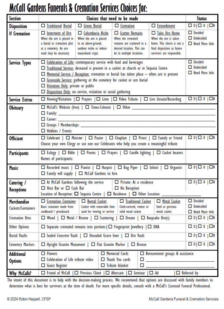 McCalls Funeral Choices Worksheet